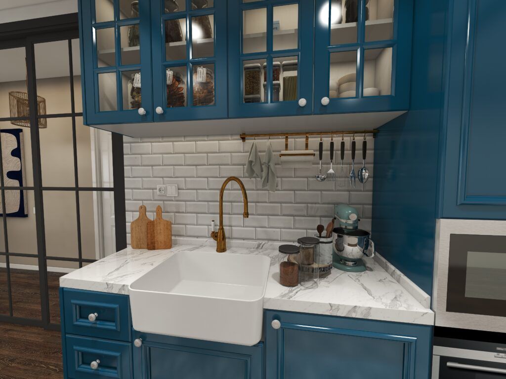 kitchen with blue cabinet white cabinets 1024x768